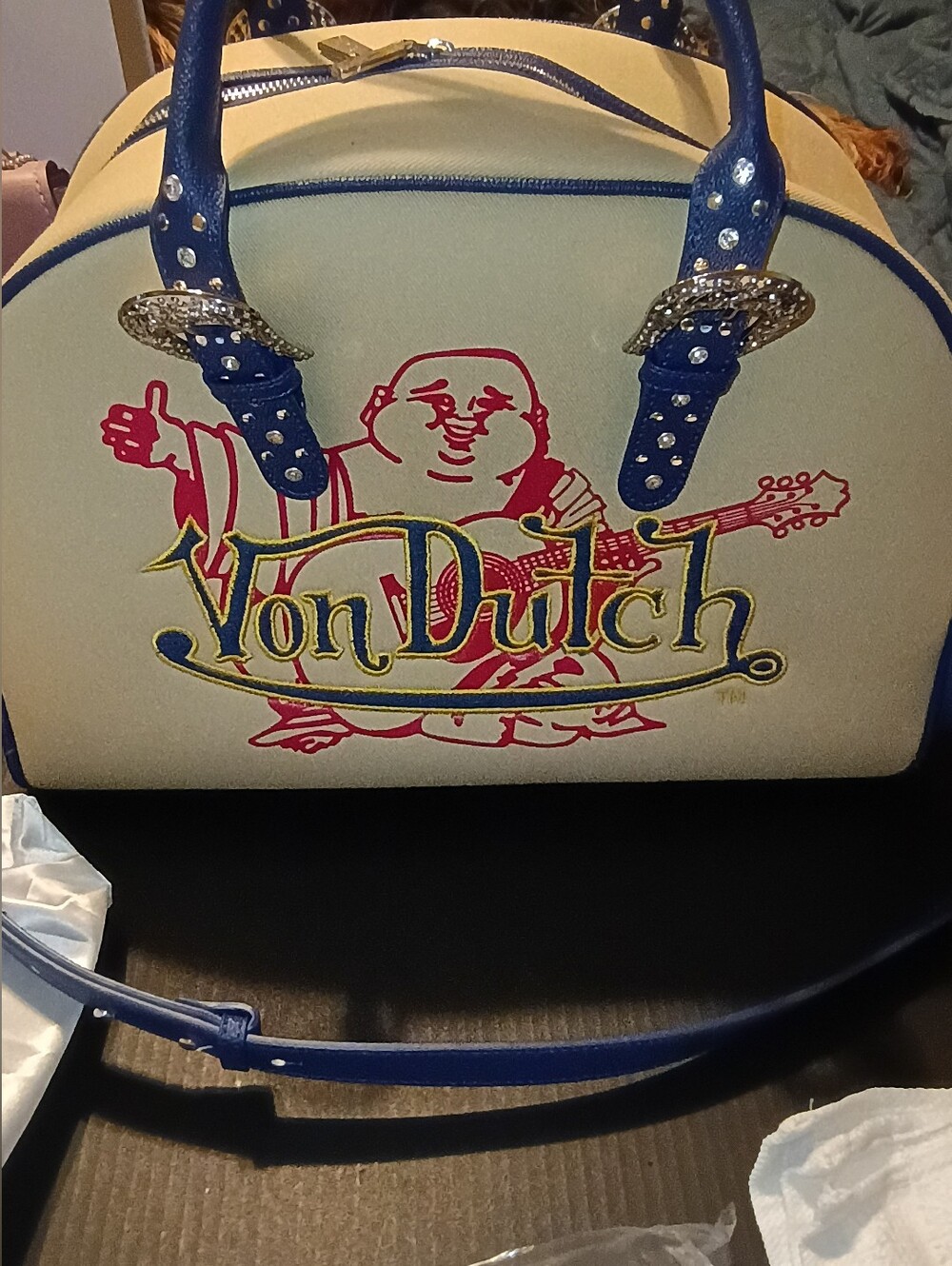 Von Dutch Cream and Blue Logo Satchel Like New Without Tags